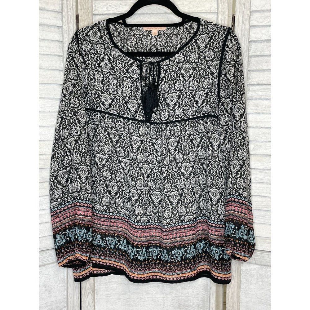 Anthropologie Gibson Latimer Black & White Floral Boho Peasant Tunic Long Sleeve